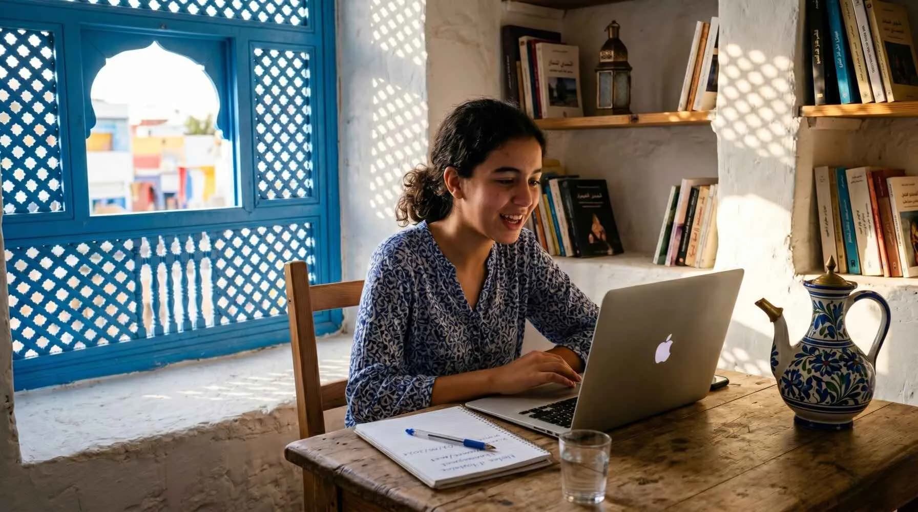 Collégienne tunisienne studieuse révisant ses cours sur son ordinateur portable près d'une fenêtre traditionnelle bleue