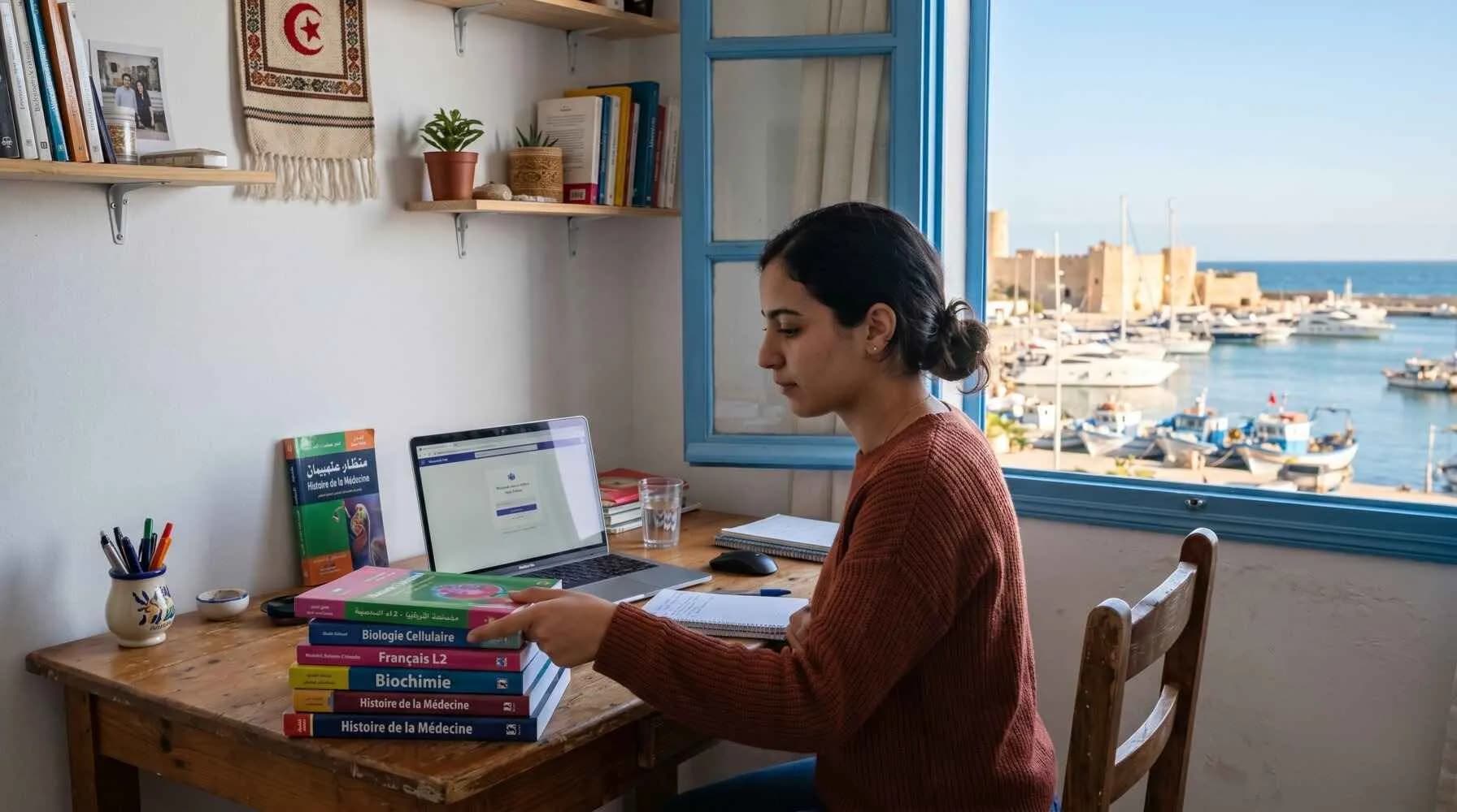 Étudiante tunisienne travaillant sur son bureau avec des livres de biologie et médecine face à la mer