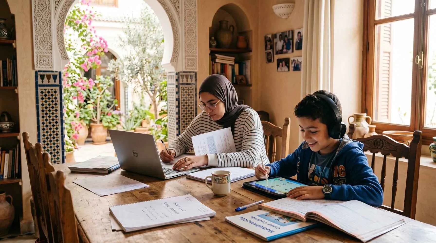 Deux élèves tunisiens concentrés qui étudient à la maison avec un ordinateur et une tablette