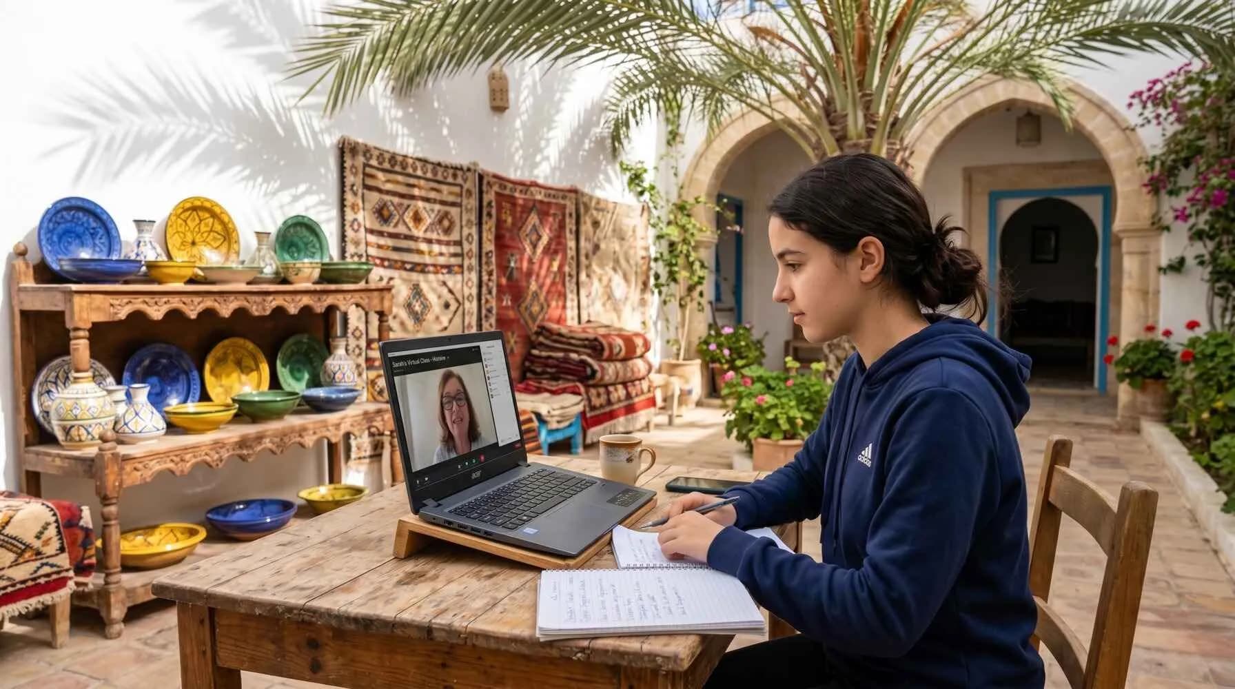Lycéenne en Tunisie prenant des notes durant un cours de soutien scolaire en visioconférence dans un patio